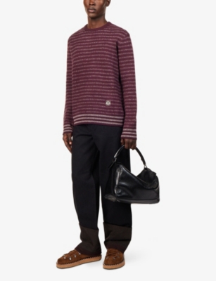 Loewe Mens Dark Brown Embroidered-logo Striped Wool Blend Sweater In Red