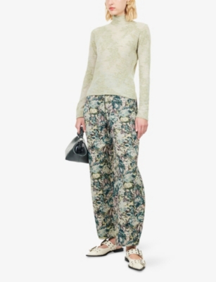 Ganni Womens Olive Night Flower Mock-neck Knitted Jumper In Green