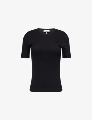 GANNI: Brand-Embroidery Ribbed Stretch-Cotton T-Shirt