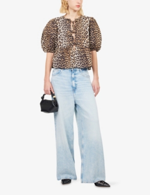 GANNI: Leopard Peplum Cotton-Poplin Blouse