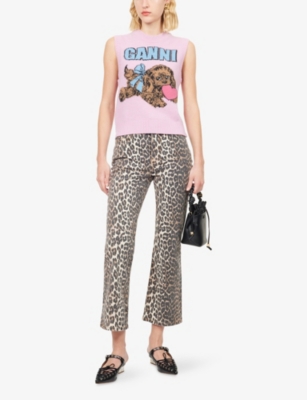 Ganni Womens Leopard Betzy Cropped Denim Jeans In Animal Print