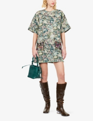 GANNI: Tapestry Short-Sleeves Woven Mini Dress