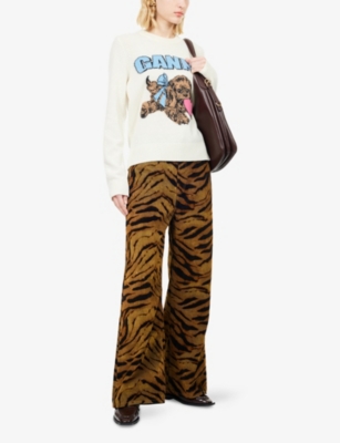 Ganni Womens Khaki Printed Baggy-fit Cotton-blend Jeans In Brown