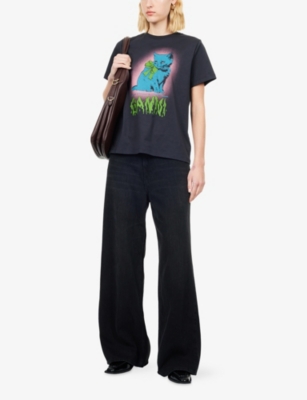 Ganni Womens Black Washed Baggy Wide-leg Denim-blend Jeans In Black