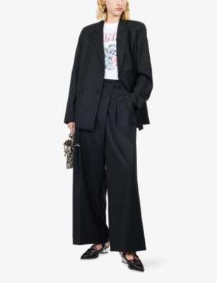 Ganni Womens Black Pleated Wide-leg Wool Trousers In Black