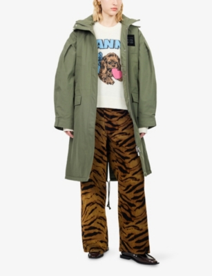 Ganni Womens Kalamata Oversized Logo-patch Nylon Parka Coat In Green