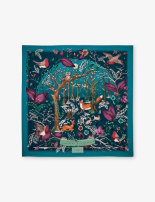 Aspinal Of London Womens Peacock Woodland Silk Scarf In Blue