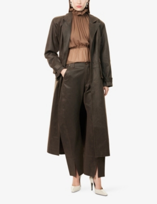 Oude Waag Omens Twist-seam Straight-leg Coated-cotton Trousers Coffee Xs In Brown