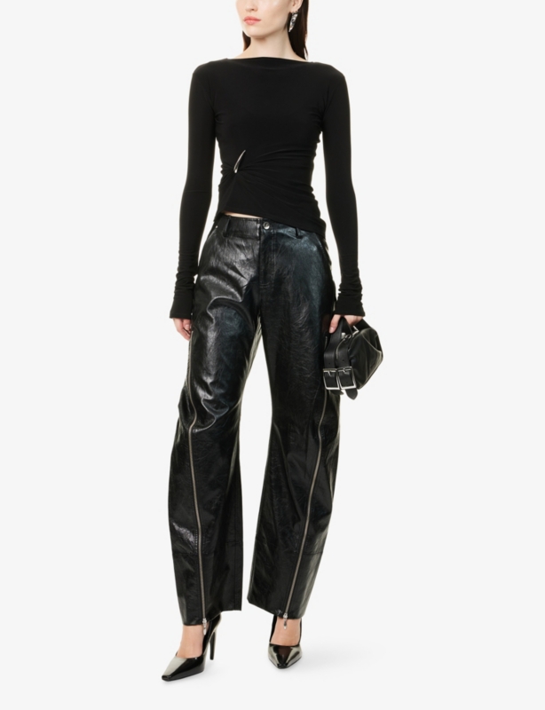 Wide-Leg Zip-Trim Patent Faux Leather Trousers
