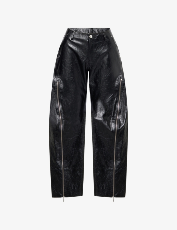 Wide-Leg Zip-Trim Patent Faux Leather Trousers
