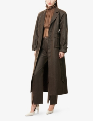 Oude Waag Omens Tie-waist Long Coated-cotton Coat Coffee In Brown