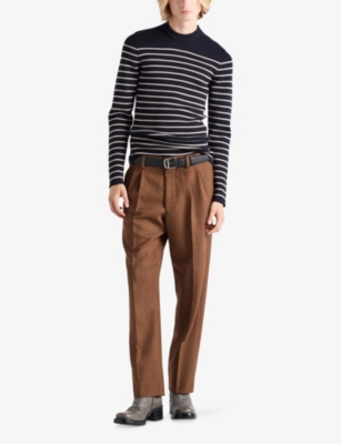 Prada Striped Superfine Wool Crew-neck Sweater In Blue