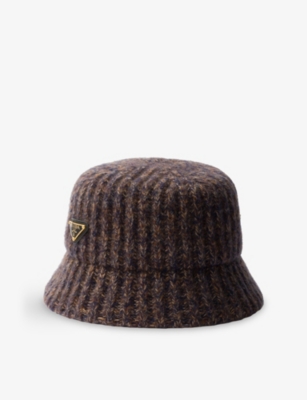 Prada Womens Brown Melange Knitted Wool Bucket Hat In Brown