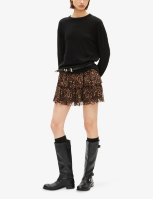 The Kooples Womens Leopard-print Ruffled Woven Mini Skirt In Brown