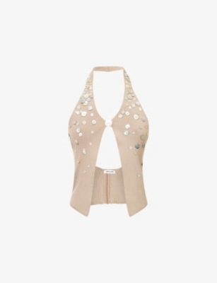 Jaded London Womens Beige Halterneck Embellished-button Knit Top In Neutral