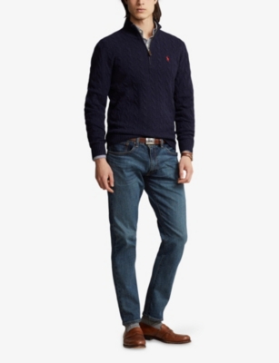 Polo Ralph Lauren Blue Cable-knit Sweater With Zip And Pony Embroidery In Wool And Cashmere Man In Blue