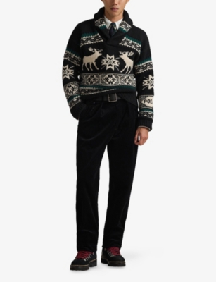 Polo Ralph Lauren Mens Black Combo Printed Shawl-collar Wool-blend Jumper In Black