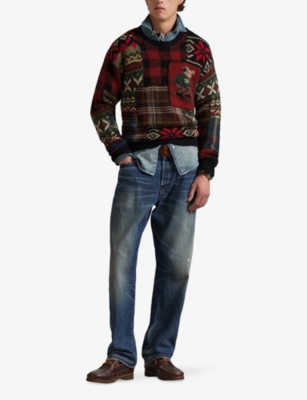 Polo Ralph Lauren Mens Black Combo Crewneck Bear-intarsia Wool-blend Jumper In Multi