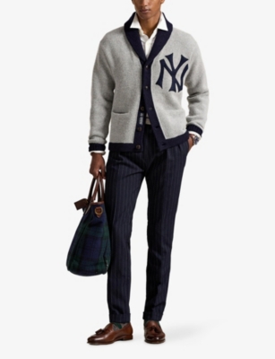 Polo Ralph Lauren Mens Grey Combo Yankees Logo-embroidered Wool-blend Cardigan In Gray