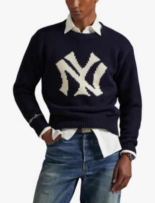 Polo Ralph Lauren Mens Aviator Navy Combo Yankees-intarsia Wool-blend Jumper In Multi