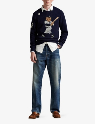 Polo Ralph Lauren Mens Bear Navy Combo Yankees Bear-intarsia Wool Jumper Xxl In Blue