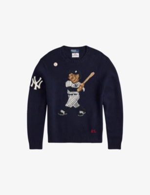Polo Ralph Lauren Mens Bear Navy Combo Yankees Bear-intarsia Wool Jumper Xxl In Blue
