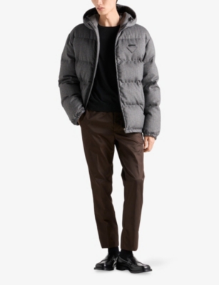 Prada Mens Grey Logo-plaque Hooded Wool Shell-down Jacket In Gray
