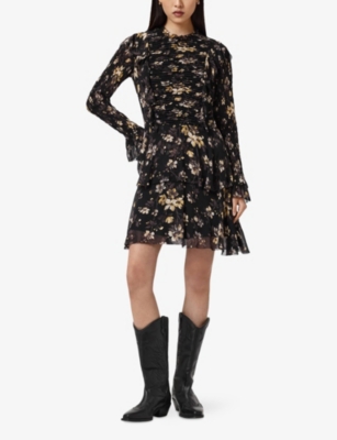 Allsaints Womens Vine Black Portia Floral-print Woven Mini Dress