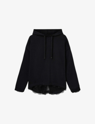 Allsaints Womens Black Nia Lace-trim Cotton-blend Hoody