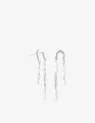 Astrid & Miyu Womens Rhodiumplatedsilver Pearl Molten Rhodium Plated Sterling-silver And Pearl Drop Studs In Metallic