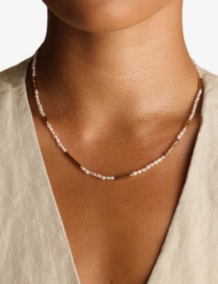 Astrid & Miyu Womens 18ctgoldplatedsilver Pearl Molten 18ct Yellow-gold Plated Sterling-silver And Pearl Necklac In Gold