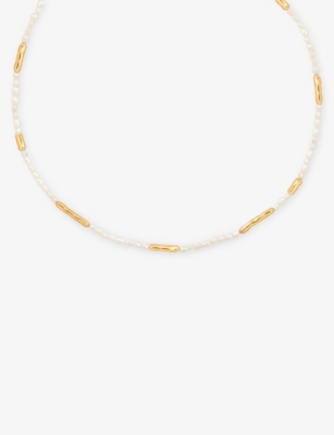 Astrid & Miyu Womens 18ctgoldplatedsilver Pearl Molten 18ct Yellow-gold Plated Sterling-silver And Pearl Necklac In Gold