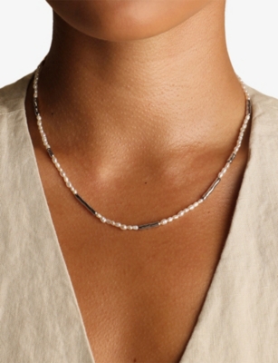Astrid & Miyu Womens Rhodiumplatedsilver Pearl Molten Rhodium Plated Sterling-silver And Pearl Necklac In Metallic