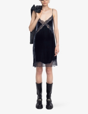 Zadig & Voltaire Womens Encre Rishi French-lace Trimmed Velvet Blend Mini Dress Xs In Animal Print