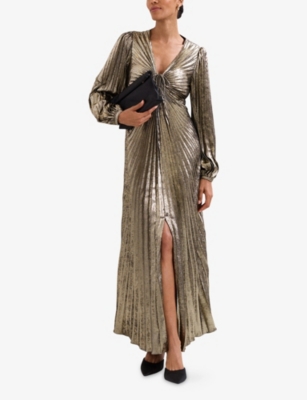 Phase Eight Womens Gold Ellen Pleated Metallic Woven Maxi Dress In Gold