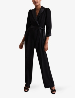 Phase Eight Womens Black Kylie Petite Lapel-collar Long-sleeve Woven Jumpsit In Black