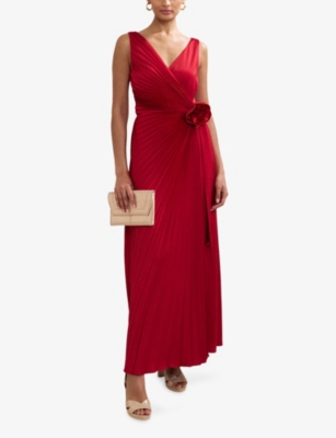Phase Eight Womens Emlyn Rose-embroidered Pleated Stretch-woven Maxi Dress In Red