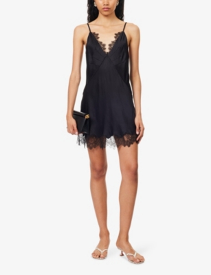 Shona Joy Womens Black Maisie Lace Satin Slip Mini Dress In Black