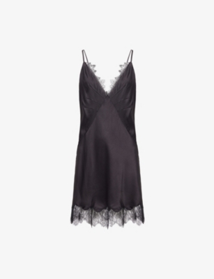 Shona Joy Womens Black Maisie Lace Satin Slip Mini Dress