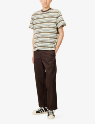 Braindead Mens Olive Multi Toni Stripe Crewneck Cotton-blend T-shirt In Neutral