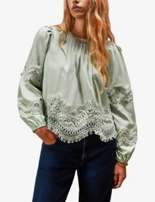 Ro&zo Womens Green Lace-embroidered Long-sleeve Cotton Blouse In Multi