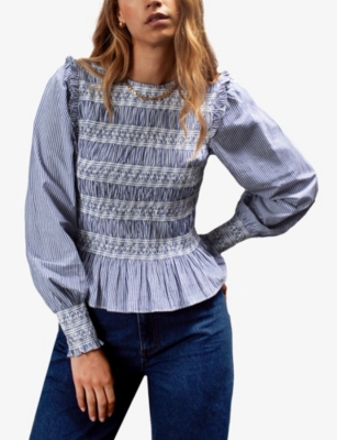 Ro&zo Womens Blue Shirred Long-sleeve Embroidered Cotton Blouse In Blue