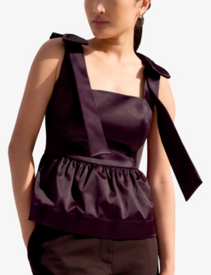 Ro&zo Womens Burgundy Bow-detail Peplum-hem Stretch-satin Top In Burgundy
