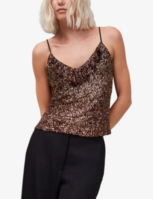 Ro&zo Womens Brown Sequinned Ruffle-neck Stretch-woven Cami In Brown