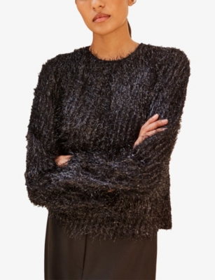 Ro&zo Womens Tinsel-texture Round-neck Woven Top Black In Black