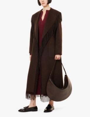 Simkhai Womens Chocolate Carrie Fringed Wool-blend Coat In Brown