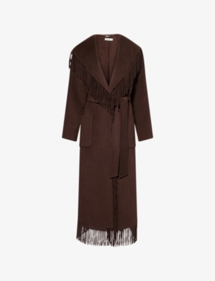 Simkhai Womens Chocolate Carrie Fringed Wool-blend Coat In Brown