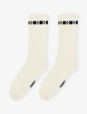 Sandro Mens Off White Embroidered-trim Ribbed Stretch-cotton Socks In Neutral