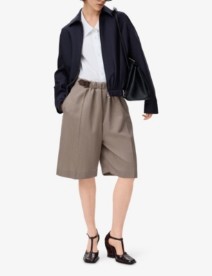 Loewe Womens Beige Melange Belted Drape Wool Shorts In Brown