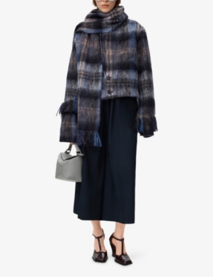 Loewe Mohair-wool Scarf-detail Check Coat In Blue